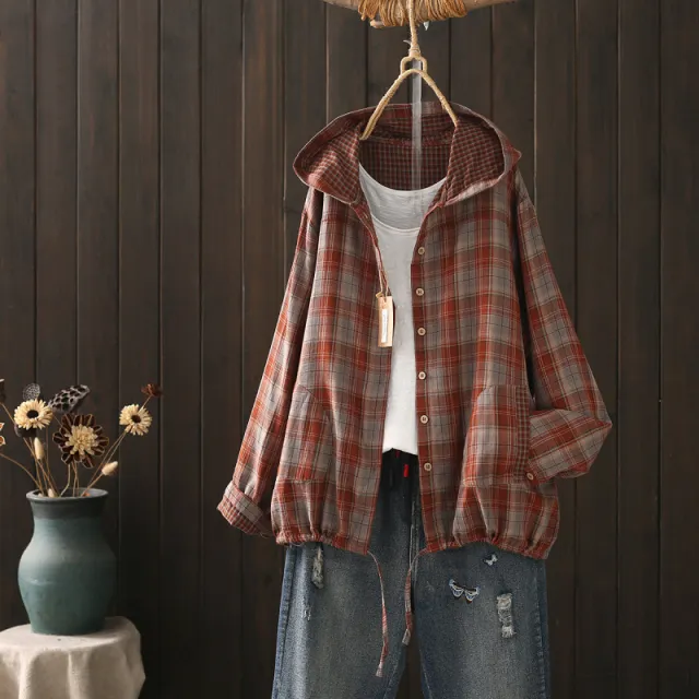 Bohemian style Checkered Hooded Single breasted Long sleeve Shirt For Women Red Plaid - Shop at LoveMi