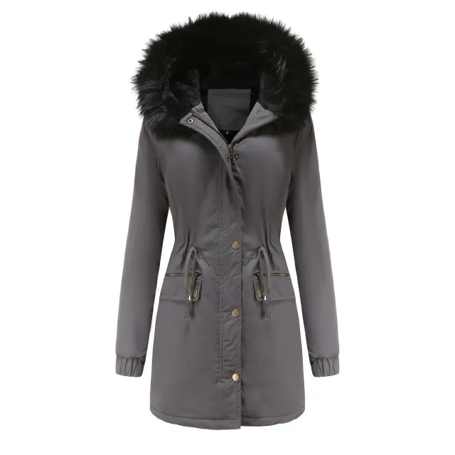 Women's Mid length Fur Collar Coat Parker Cotton padded Coat Gray - Shop at LoveMi