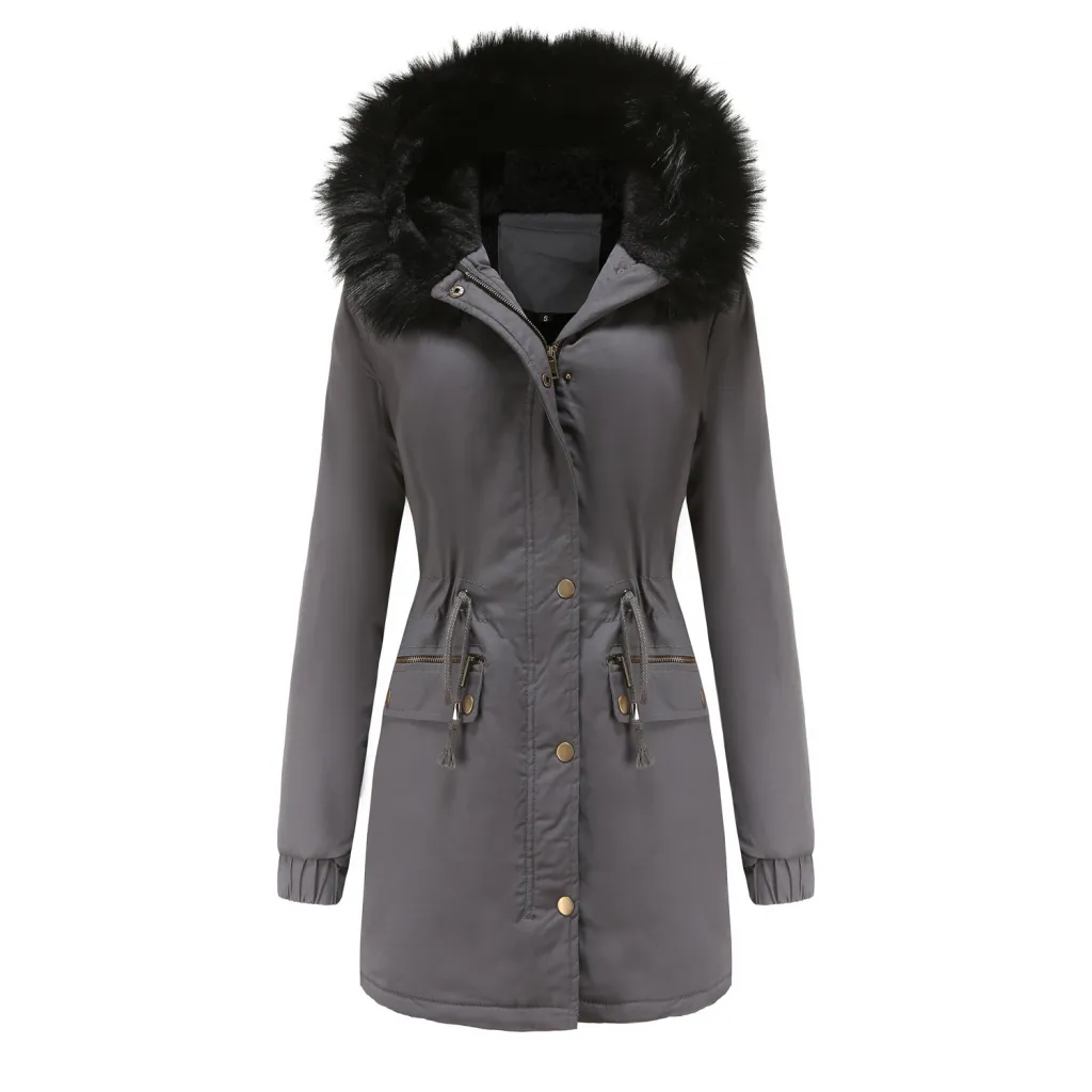 Women's Mid-length Fur Collar Coat Parker Cotton-padded Coat - Gray