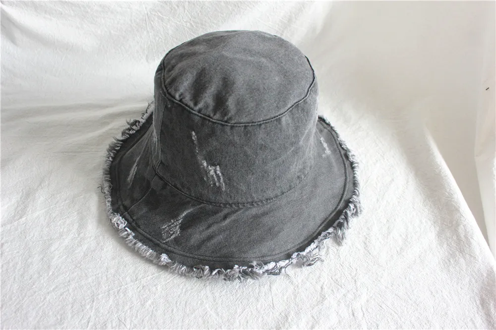 Summer Sunshade Raw Edge Denim Bucket Hat Women - Grey