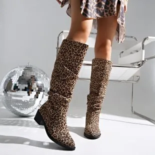 Fashion Square Toe Chunky Heel High Heel Leopard Print Boots Leopard - Shop at LoveMi