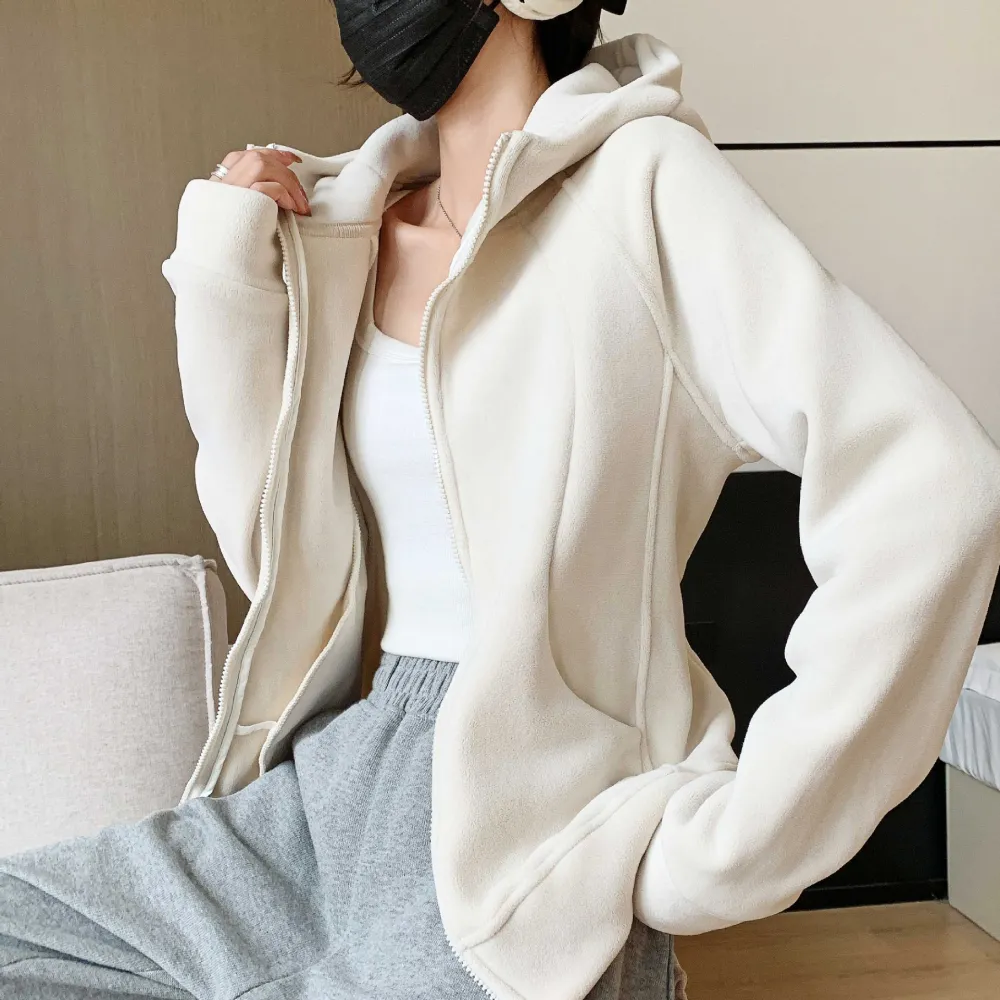 Hooded Zipper Sport Cardigan Coat Female Brushed Hoody
