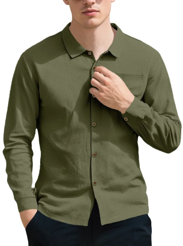 New Men's Solid Color Lapel Casual Loose Long Sleeve Shirt Green - Shop at LoveMi