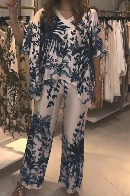 European And American Summer Fashion Casual Women's V neck Printed Raglan Sleeve Suit Blue - Shop at LoveMi