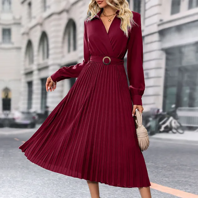 Lapel Shirt Women Pleated Long Sleeve Dress Wine Red - Shop at LoveMi
