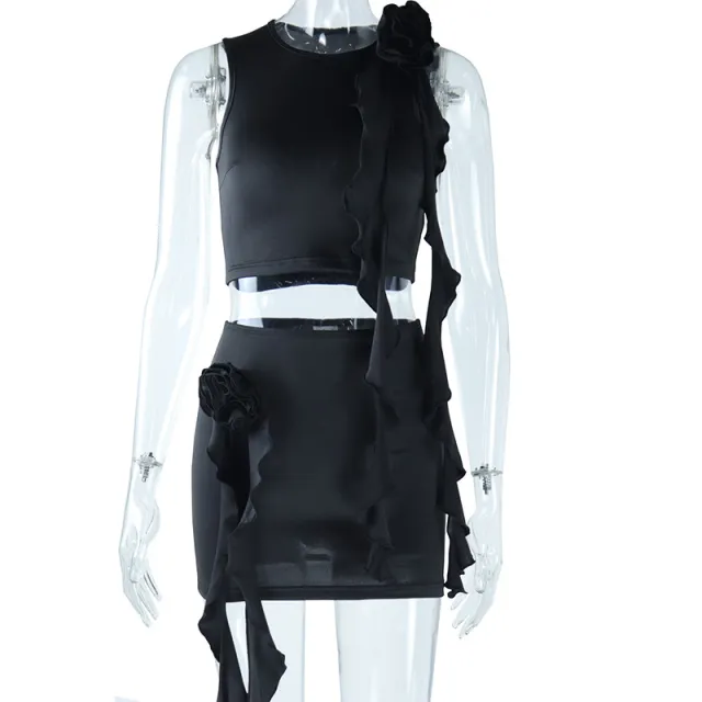 Round neck Top And Mini Skirt Two piece Set Black - Shop at LoveMi