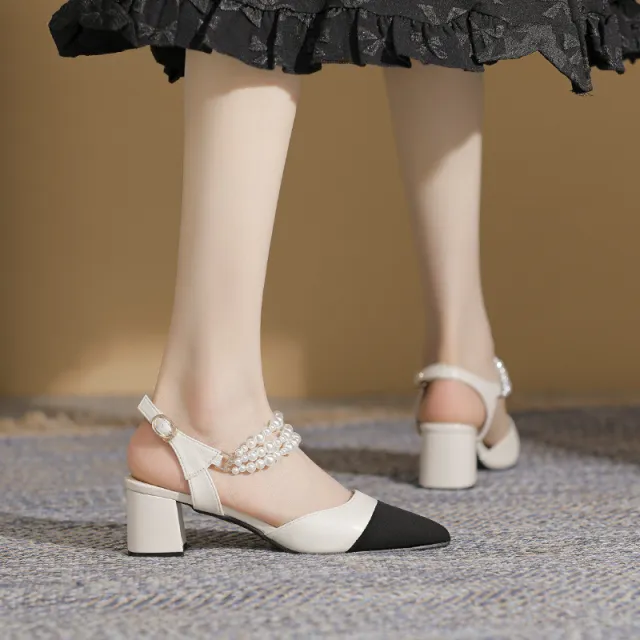 Pointed Toe Chunky Heel High Heels Plus Size Buckle Pearl Sandals Apricot - Shop at LoveMi