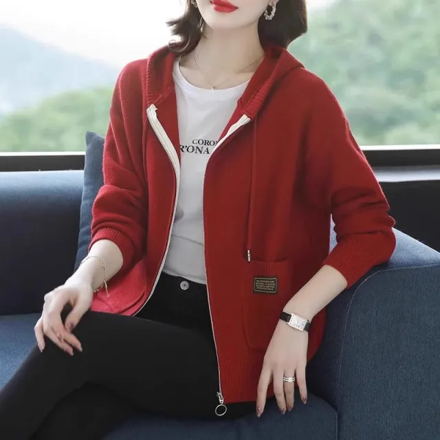 Knitwear Hooded Sweater Coat Women's Loose Zip Knitted Cardigan Wine Red - Shop at LoveMi