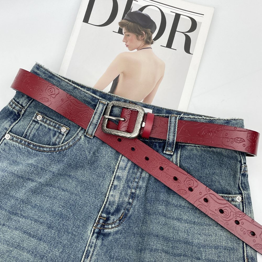 Vintage Leather Belt For Women Fashionable Embossed Cowhide