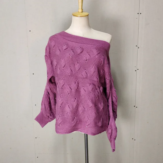Women's Off shoulder Twist Knitted Sweater Lantern Long Sleeve Loose Bat Pullover Purplish Red - Shop at LoveMi