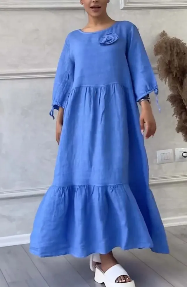 Women's Round Neck Pleated Long Sleeve Casual Dress Blue - Shop at LoveMi