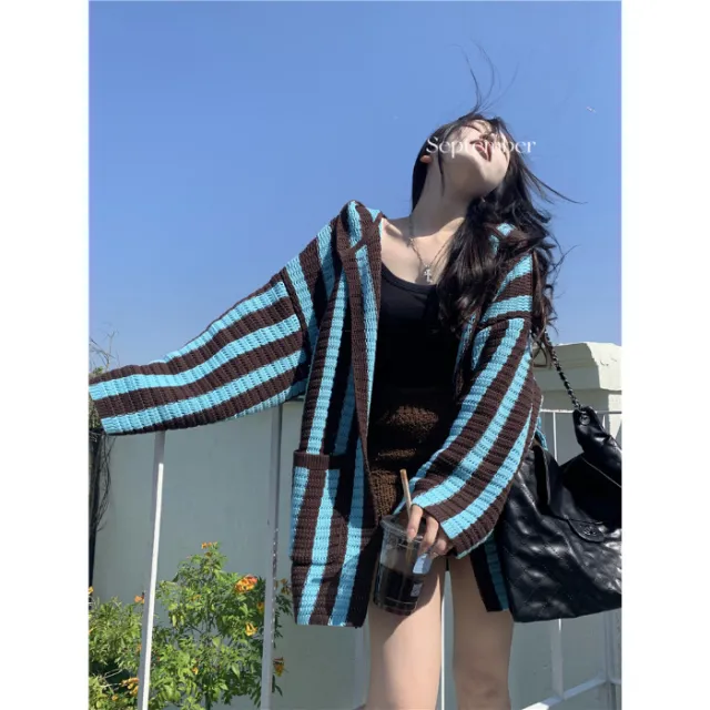 Women's Autumn V neck Sweater Coat Hooded Striped Cardigan Blue - Shop at LoveMi