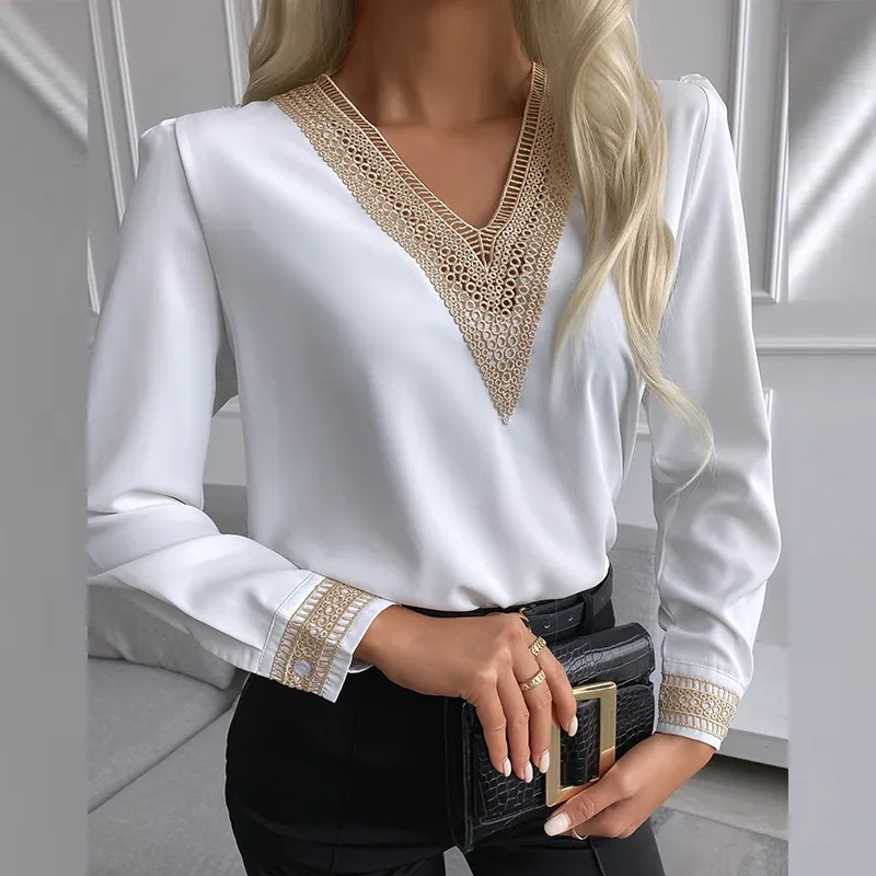 Womens Long-sleeve Shirt With Lace Trim - White