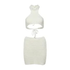 Women's Halter Lace-up Vest Knitted Hollow Suit - White - View 1