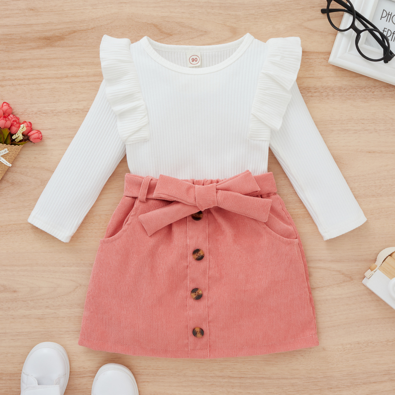 Title 1, Kinder lange mouw pit top effen kleur strik rok...