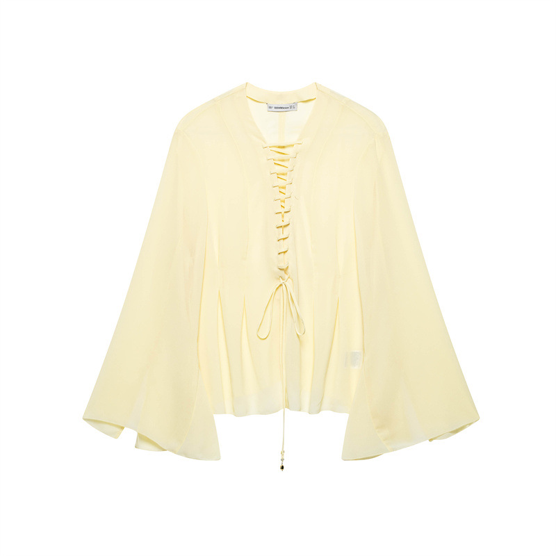 Solid Color Wide Sleeve Lace up Decorative Chiffon Top Picture Color Xs - Shop at LoveMi