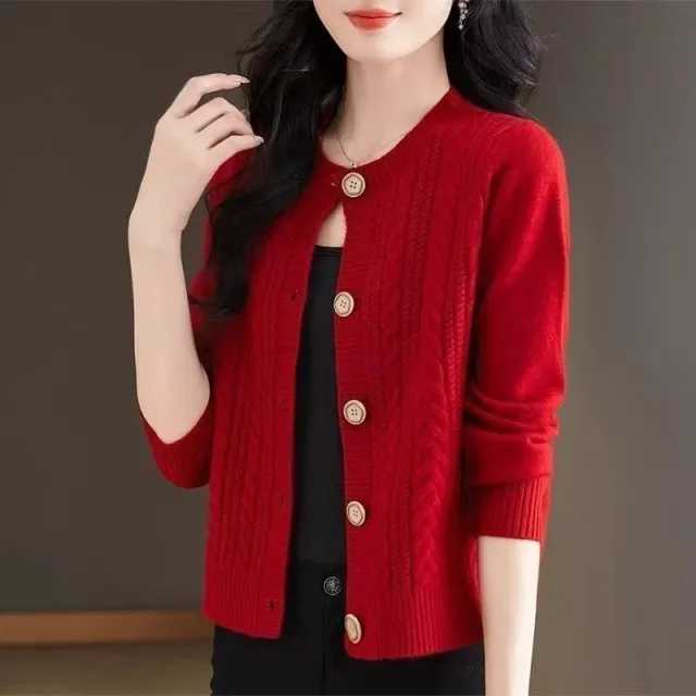Loose And Lazy Round Neck Stylish Versatile Cable Knit Sweater Round Wine Red - Shop at LoveMi