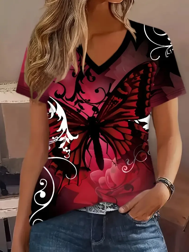 Fashion Comfortable Animal Plant Pattern Short Sleeve V-neck T-shirt - Wb14Wb14Zn250119Y044-Xxs