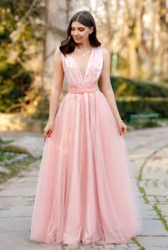 Dunhuang V-neck Sleeveless Dress Slim Fit - Pink - View 1