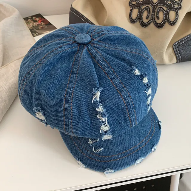 Retro Make Old Ripped Denim Beret Women Dark Blue - Shop at LoveMi