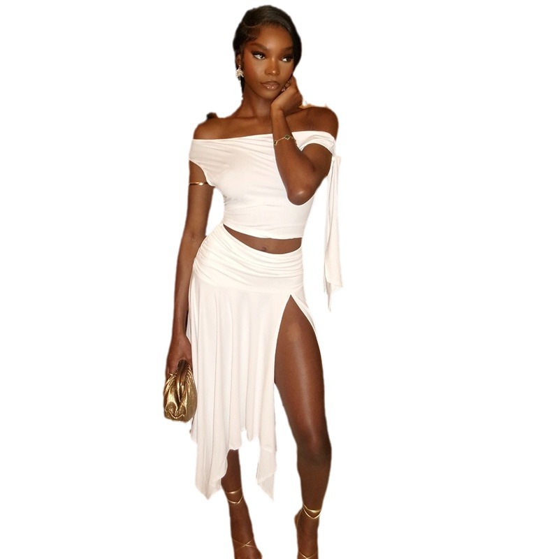 Women's Solid Color Skirt Suit Sexy Sleeveless Off-shoulder Top Split Skirt