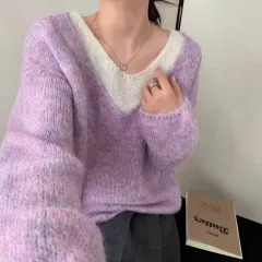 Laid-back Preppy Style Fake Two-piece Knitted Sweaters Top - Purple - View 1