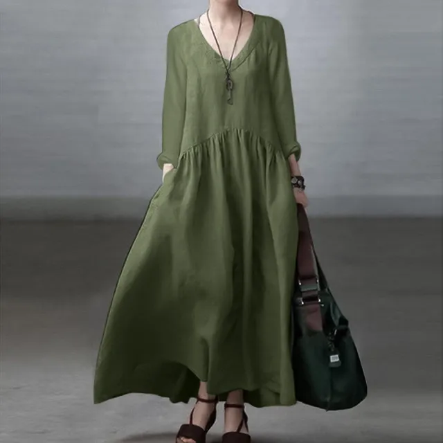 Fashion Long Sleeve V neck Women's Casual Solid Color Loose Long Dress Army Green - Shop at LoveMi