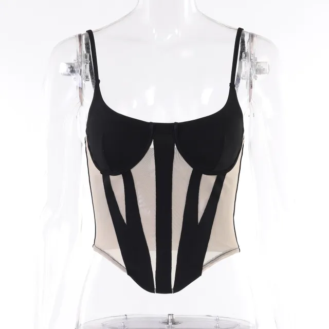 Straps Tulle Patchwork Top Slim Vest Black - Shop at LoveMi