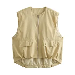 Pleated Hem Sleeveless Loose Vest - Khaki - View 1