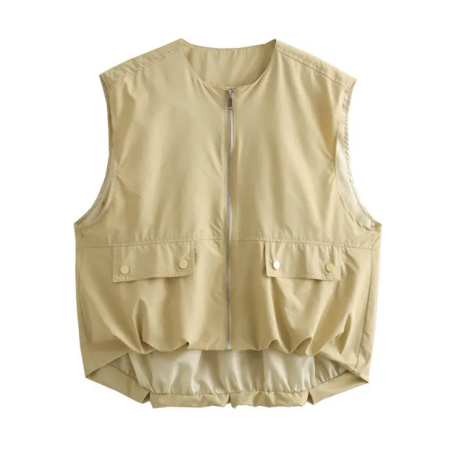 Pleated Hem Sleeveless Loose Vest Khaki - Shop at LoveMi