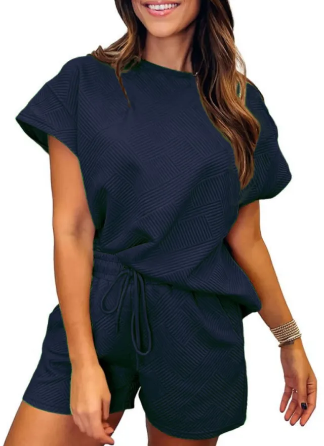 Solid Color Round Neck Short Sleeves Top Shorts Suit Dark Blue - Shop at LoveMi
