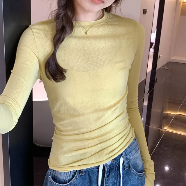 Pure Color All matching Long Sleeve New Slim fit Slimming Bottoming Shirt Yellow - Shop at LoveMi
