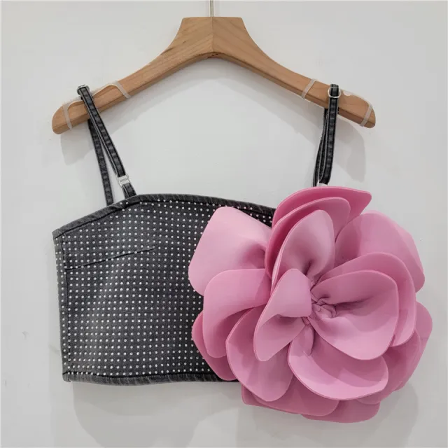 Three dimensional Large Flower Camisole Women's Outer Wear Rhinestone Denim Short Top Black - Shop at LoveMi