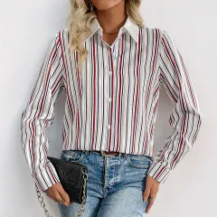 Lapel Colour Vertical Striped Shirt For Women - Wine Red - View 1