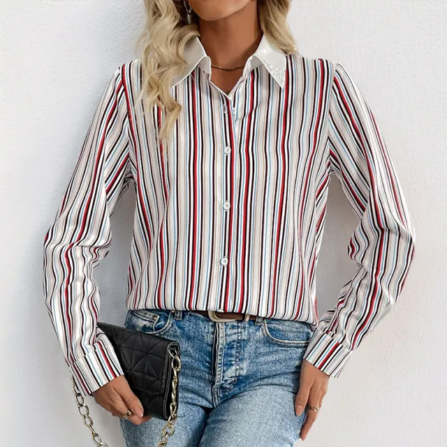 Lapel Color Vertical Striped Shirt For Women Wine - Shop at LoveMi