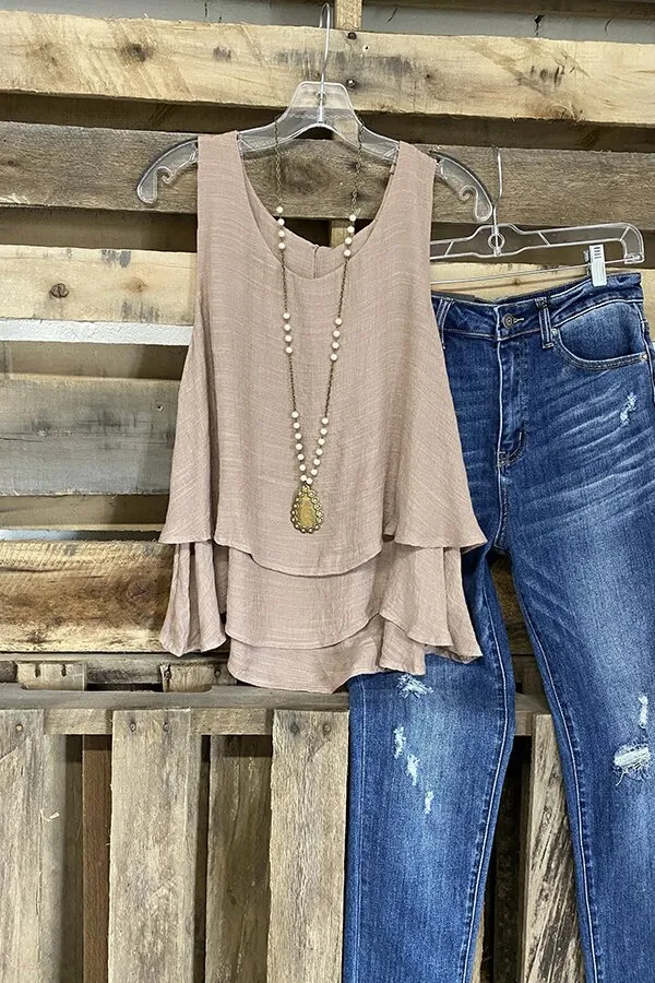 Women's Casual Vest Fake Two piece Double layer Cotton And Linen Sleeveless T shirt Khaki - Shop at LoveMi