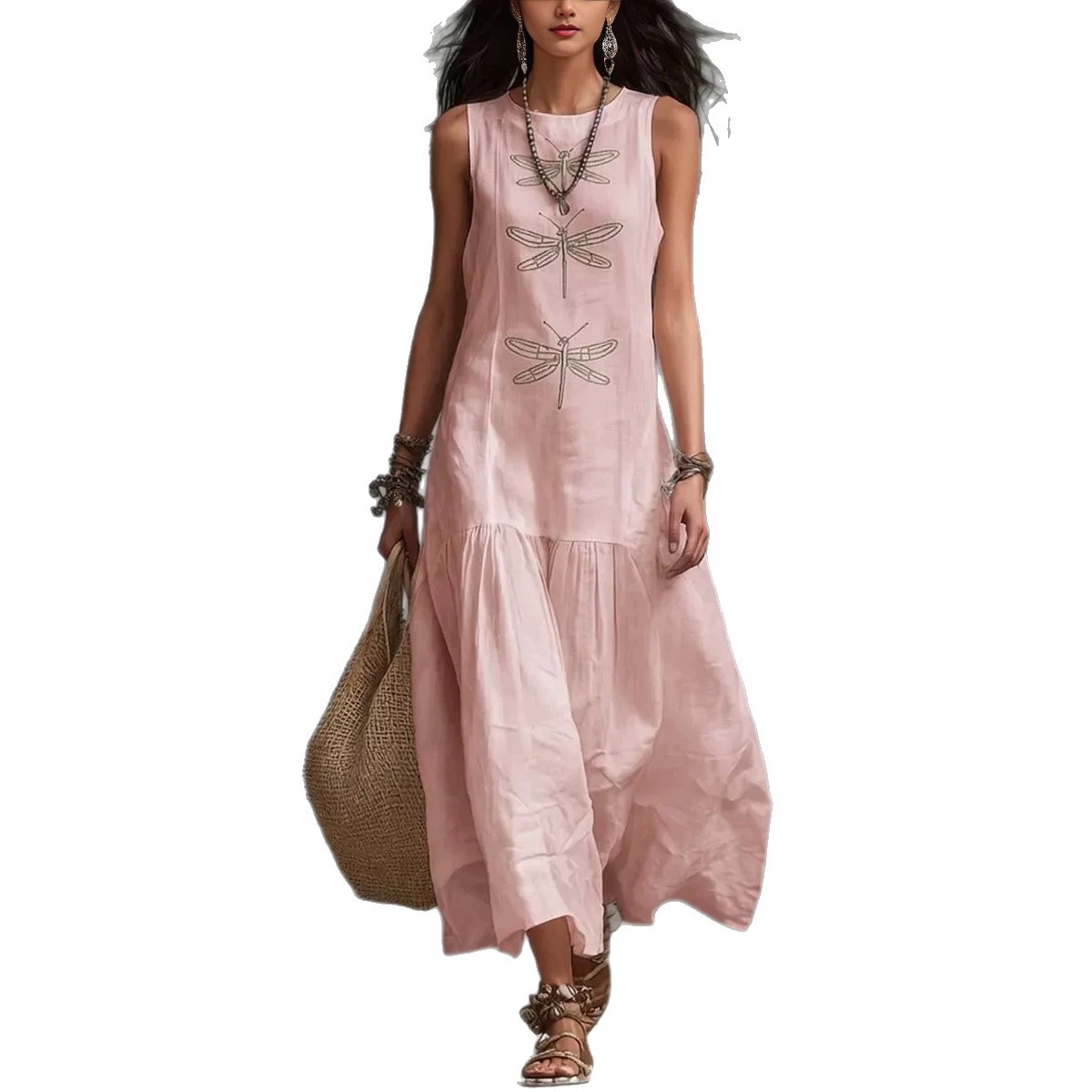 Womens Solid-Color Dragonfly Dress With Round Neck