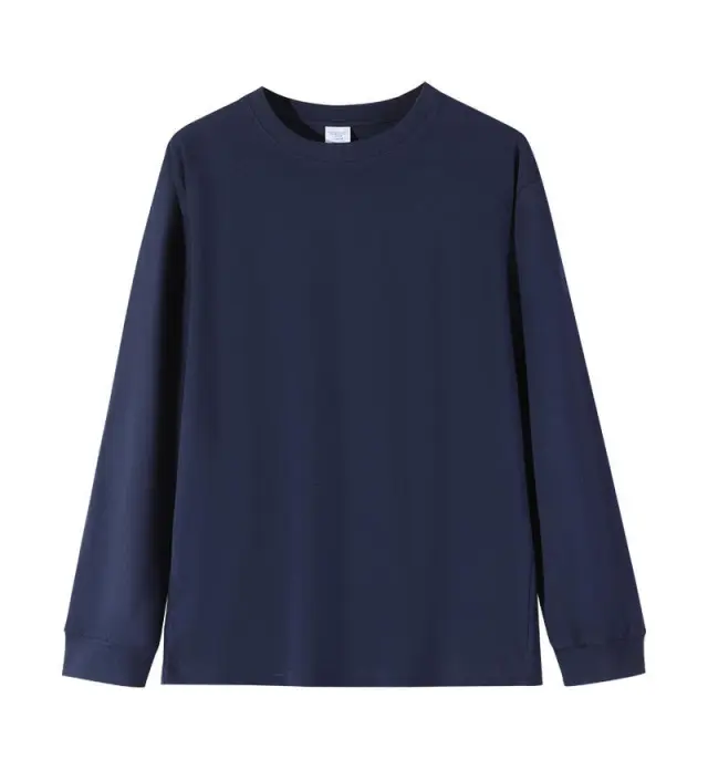 Solid color Heavyweight Pure Cotton Crew neck Long sleeve T shirt For Women Navy Blue - Shop at LoveMi