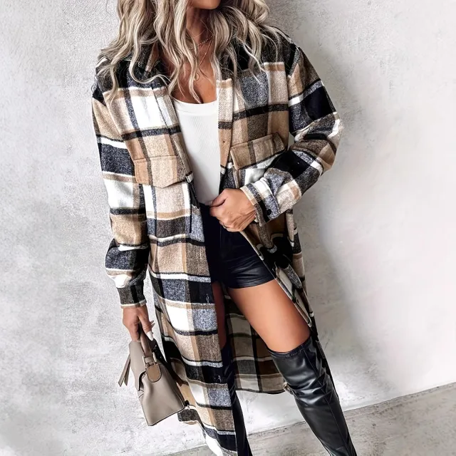 Women's Plaid Button Pocket Design Mid length Coat Khaki - Shop at LoveMi