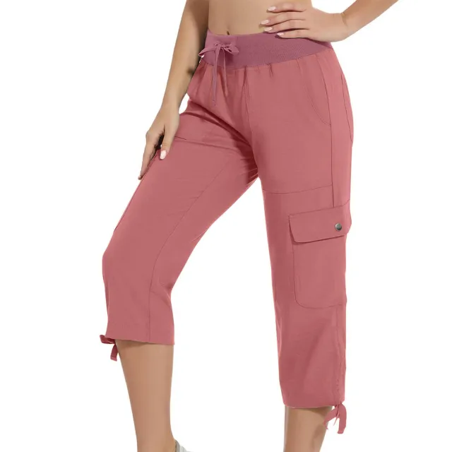 Womens Workwear Cropped Pants With Pockets And Elastic Waistband Stylish And Casual Red - Shop at LoveMi