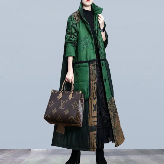 Mid length Ethnic Print Leisure Warm Thickened Overcoat Jacket Green - Shop at LoveMi