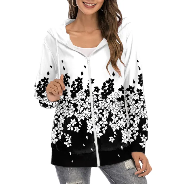 Women's Printed Hoodie Zipper Commuter Gradient Coat Black - Shop at LoveMi