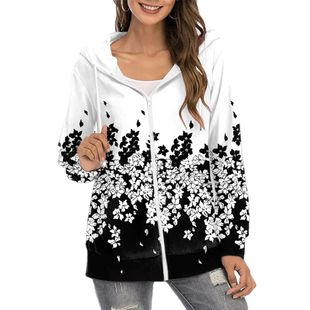 Women's Printed Hoodie Zipper Commuter Gradient Coat - Black