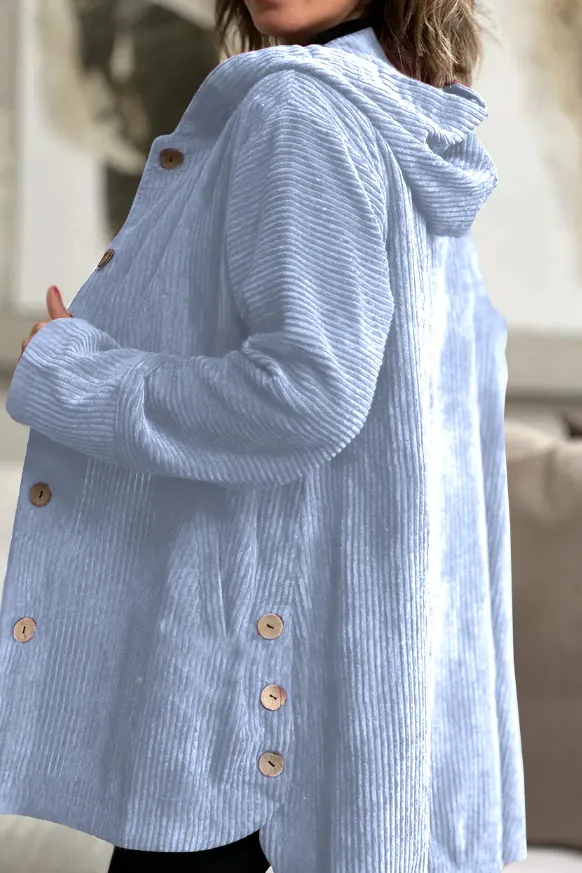 Women's Corduroy Hooded Jacket Fashion Warm Pockets Button Mid length Top Casual Fall Winter Outwear Clothing Blue - Shop at LoveMi