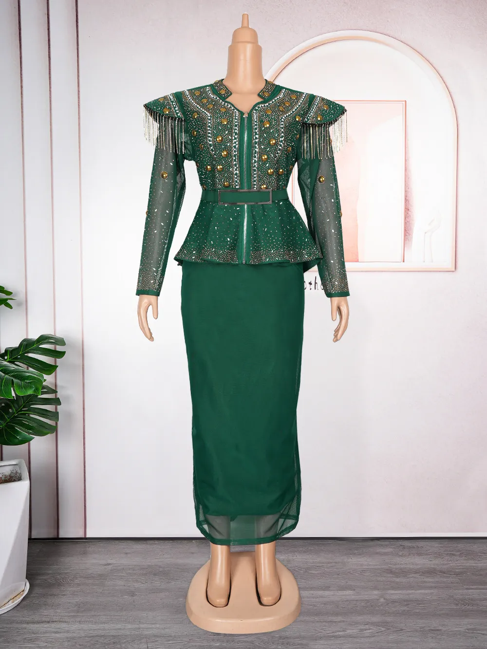 Solid Colour Hot Drilling Plus Size Women's Skirt Two-piece Set - Green