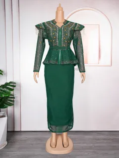 Solid Colour Hot Drilling Plus Size Women's Skirt Two-piece Set - Green - View 1