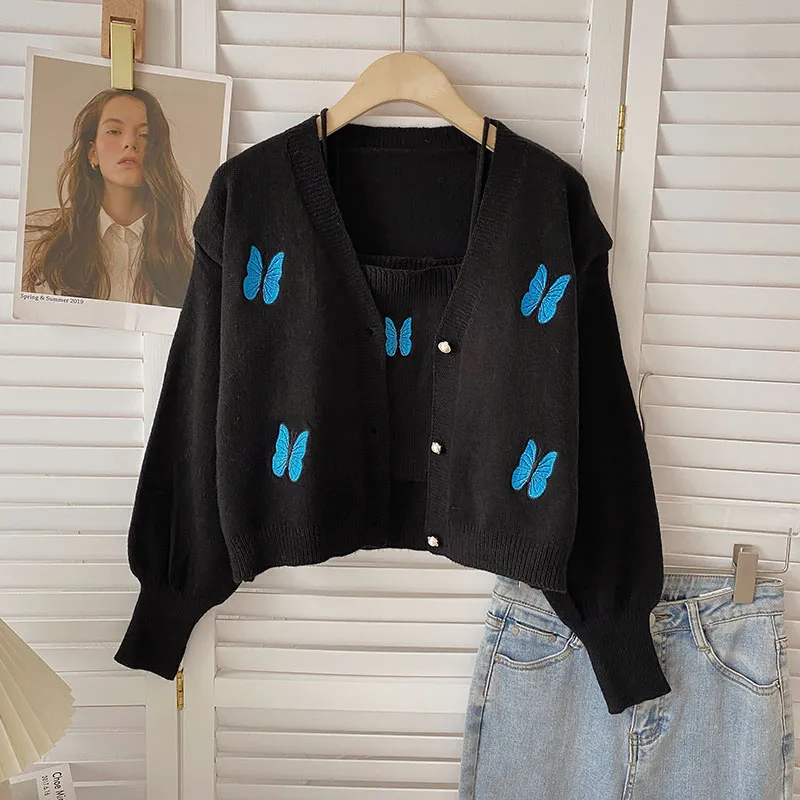 Butterfly Embroidered Vest Long Sleeve Knitted Cardigan Two-piece Set - Black