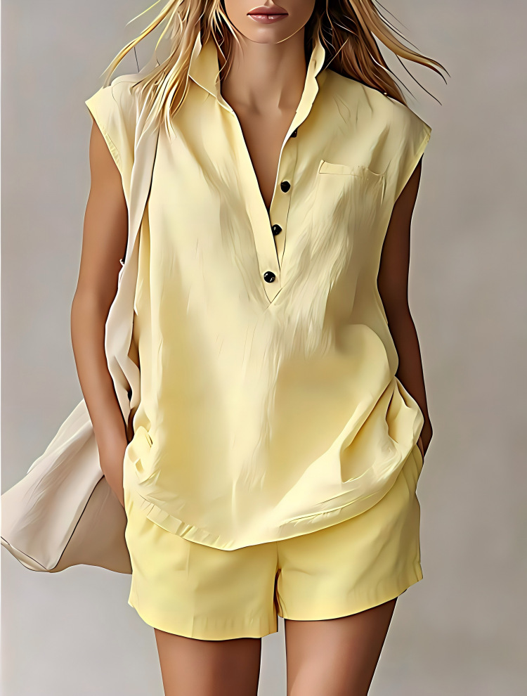 Women's Sleeveless Cardigan Top and Shorts Set – Yellow colorway styled outdoors