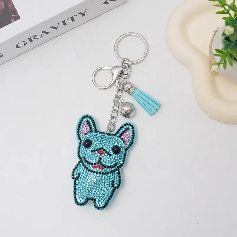 French Dog Rhinestone Keychain Fashion Diamond Bag Tassel Pendant
