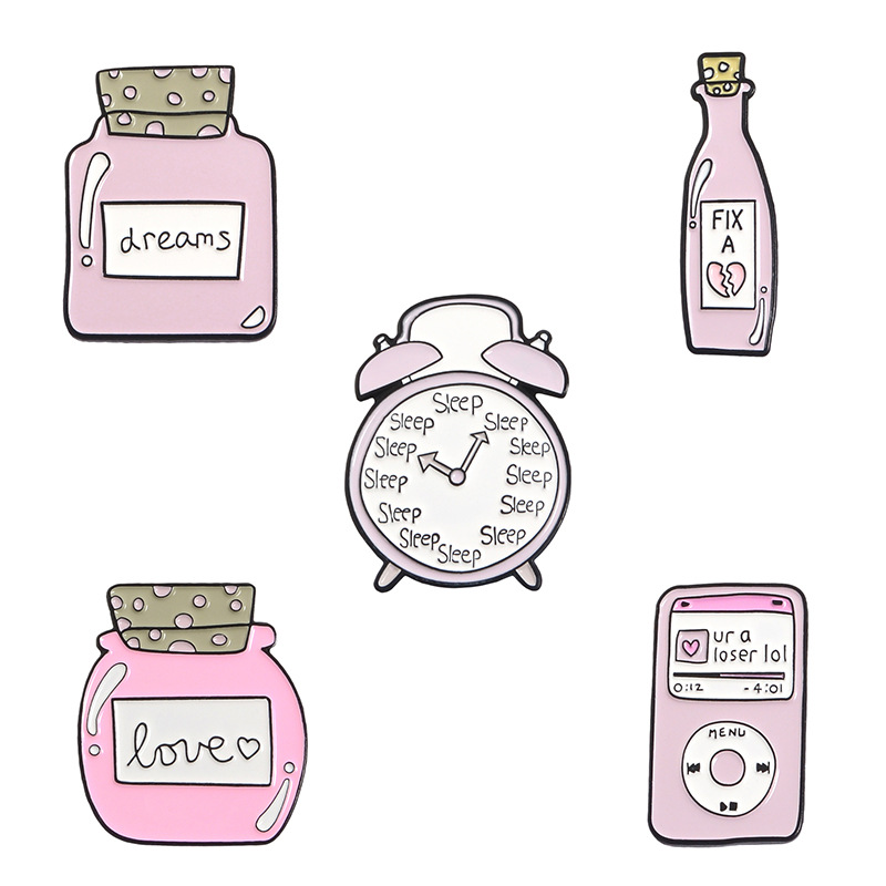 Title 2, Cute Cartoon Pink Alarm Clock Bottle Alloy Brooch